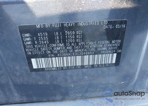 2016 Subaru Legacy 2.5I Limited from USA, damaged, VIN 4S3BNAL63G3048889